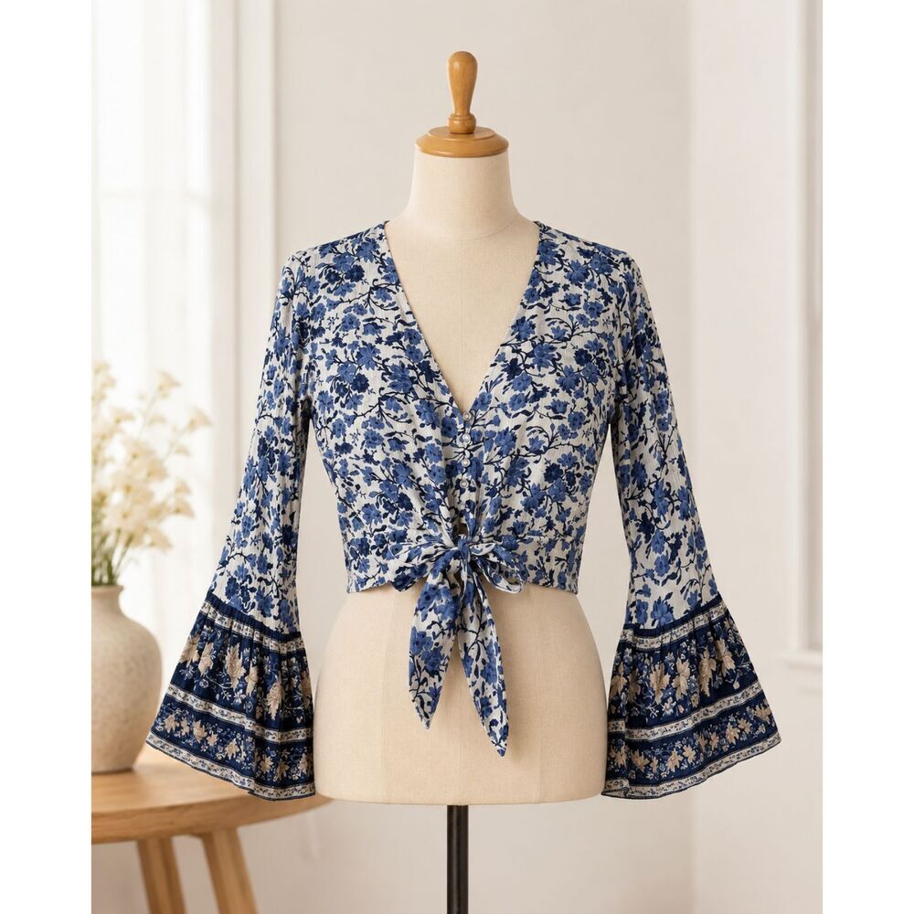 American Eagle Floral Tie Front Blouse Womens XS Bell Sleeve Boho Blue